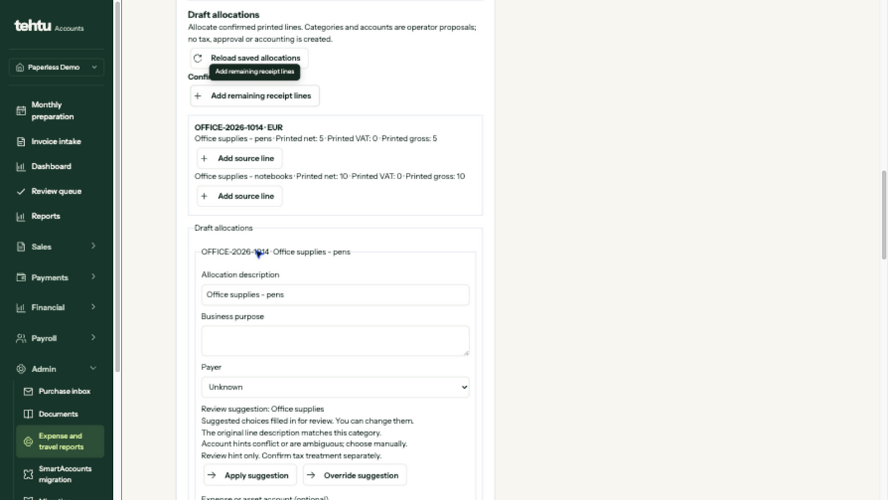 Bulk receipt allocations with suggested categories and unresolved account and payer choices
