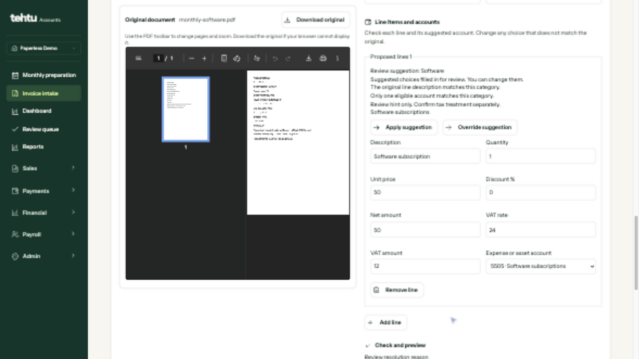 Original invoice beside the suggested software account and editable review fields